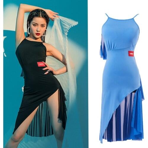 Women Latin Dance Dress With Shoulder Strap And Waist Irregular Dance Skirts Female Ballroom Performance Dance Clothes SL5151
