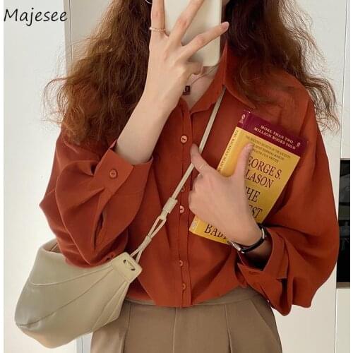 Shirt Women Vintage Solid 3-Colors Long Sleeve Retro Preppy Style Girl Outerwear All-match Sweet Buttons Design Office Plus Size