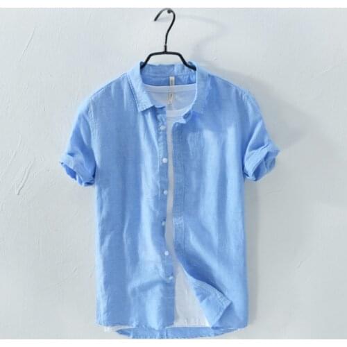 New style short sleeve summer men shirt linen solid blue shirts men casual fashion shirts male dropshipping chemise hommes