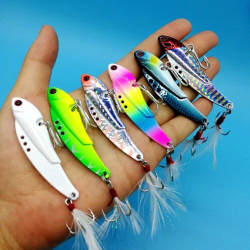 HOOFISH 6PCS/Lot Metal Jig Fishing Lure 13g/18g/25g/30g Vibration Spoon HardBait With Feather Hooks Wobbler Swimbait VIB Tackle