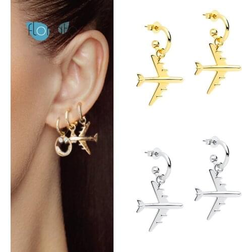 925 Silver Ear Needle Personalized Airplane Model Stud Earrings For Women C Shape Pendant Fine Earrings Fashion Party Jewelry