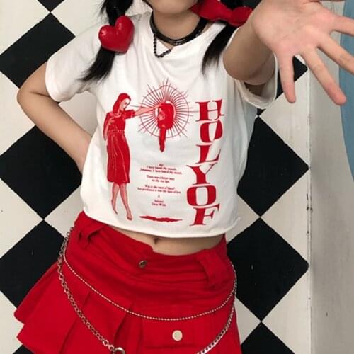 Holyof God Print Vintage Crop Top Streetwear Short Sleeve O-neck Short T-shirt Women Harajuku Punk Gothic Hip-Hop Female Top y2k