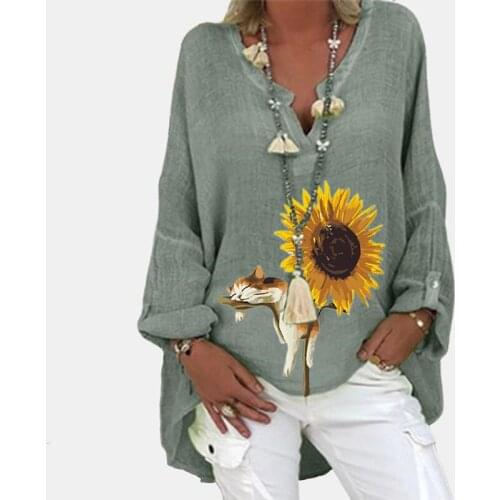 Womens Vintage Fashion Boho Print Blouses Oversized Long Sleeve V-neck Loose Casual Shirts Pullover Top Mujer De Moda