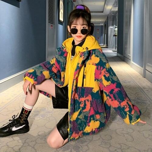 3-12 years winter children clothes Korean cool colorful bright camouflage jacket Thick warm hooded jacket baby girl winter coat