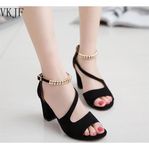 2021 Summer New Word Buckle Roman Sandals Women Fashion Casual Thick Heel High Heels Beaded Fish Mouth Women Sandals