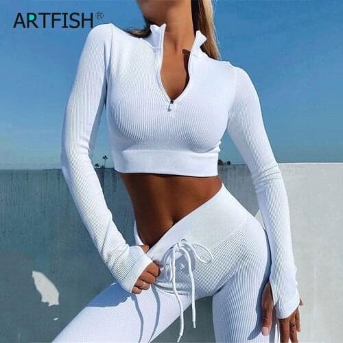 Ribbed Athletic Sport Fitness Outfits Women Two Piece Set Long Sleeve Zip Crop Top Legging Pants Female Lace Up Tracksuit G2526