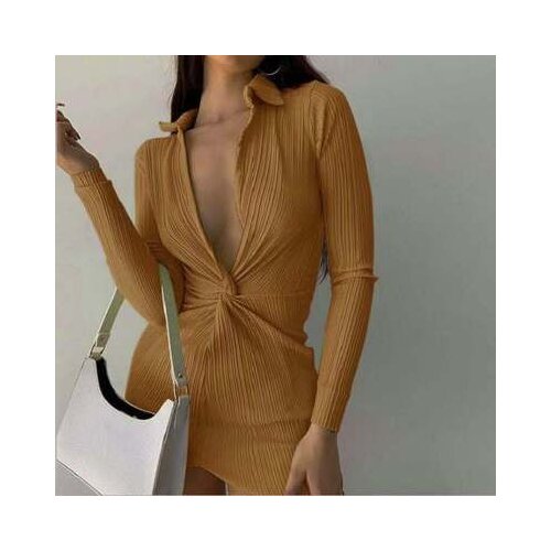 Womens Autumn 2021 New Green Fold Stitching Long-sleeved Low-cut Polo Collar Dress Ladies Solid Color Sexy Shirt Skirt