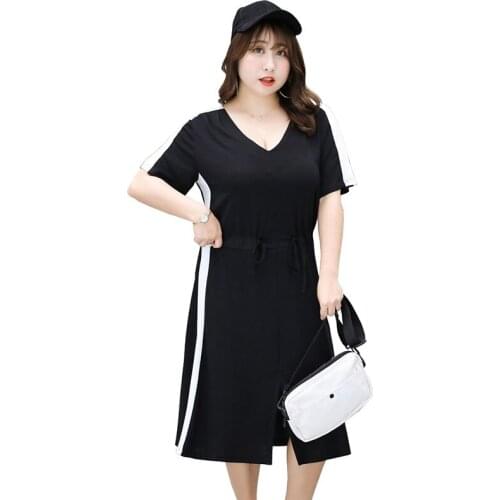 Fashion Oversize Womens Short sleeve Dress Black White Splice Long Dresses Female Plus size 3XL-8XL Elastic waist Dresses G936