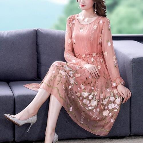 Spring Autumn Pink Floral Embroidery Mulberry Silk Midi Dress Women Vintage Casual Beach Dresses Bodycon Elegant Party Vestidos