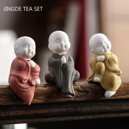 3 pcs/lot Chinese Ceramics Tea Pet Ornaments Cute Small Monk Statue Handmade Tea Figurine Desktop Crafts Home Tea Set Decoration