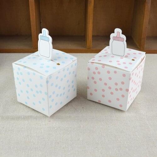 50pcs Paper Gift Box Baby Bottle Shape Blue and Pink Dots Candy Boxes Birthday Party Favor Package Gift Box Chocolate Paper Bag