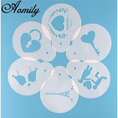 Aomily 6pcs/Set Love Key Lock DIY Cake Stencils Airbrush Painting Art Molds Fondant Decorating Tools Coffee Espresso Stencils