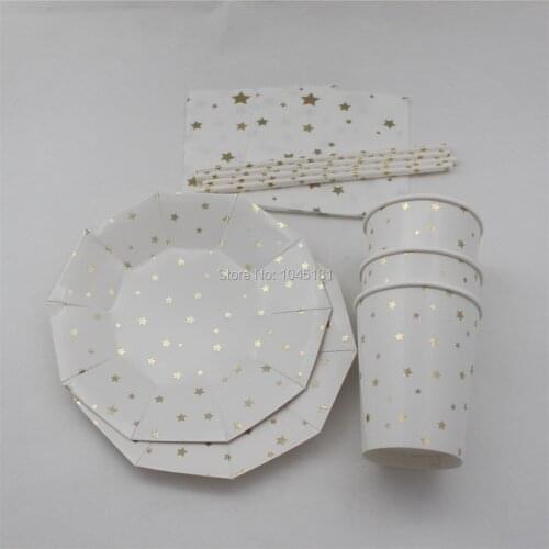 Free Shipping Gold/Silver Foil Star Disposable Napkins Straws Paper Plates and Cups Holiday Party Twinkle Tableware 128Set
