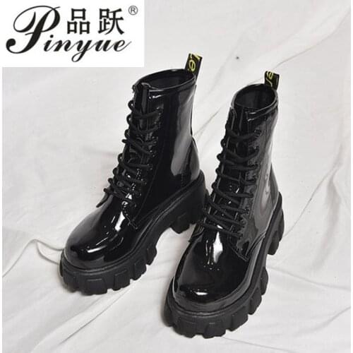 Boots Women Fashion Solid Leather Middle Lace-Up Thick Martin Boots Round Toe Shoes Outdoor PU Leather Winter Female Shoes