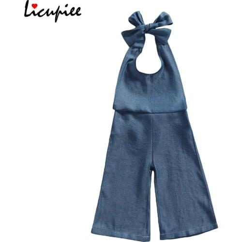 1-4 Years Sleeve Playsuits Jumpsuits Infant Denim Halter Romper, Baby Girls Tie-up Sleeveless Solid Color Jumpsuit (blue)
