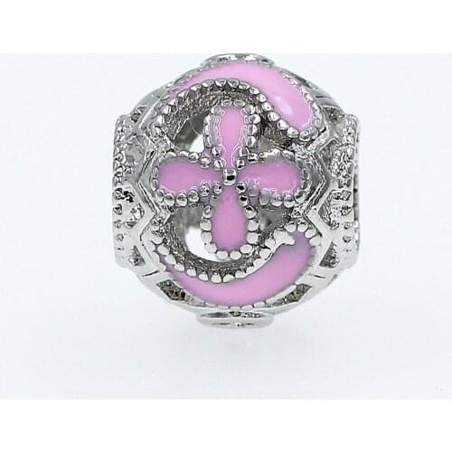 DGW Oval Shape Pink Flower Hollow Drip Oil Planted Beads fit pan Bracelet for Women Bracelet & bangle Fashion Jewelry