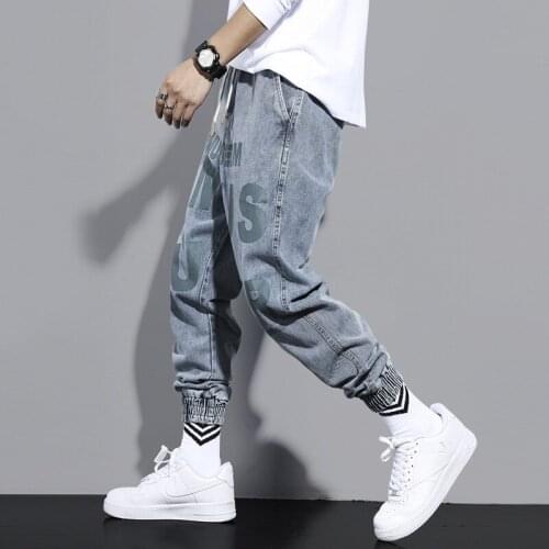 Denim trousers mens spring autumn 2020 Drawstring casual tie-foot mens trousers elastic waist brand loose tooling Harlan pants