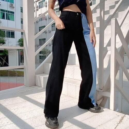 Patchwork Jeans Women Summer Casual Panelled High Waist Loose Straight Leg Jeans Woman Fashion Side Button Split Denim Pants