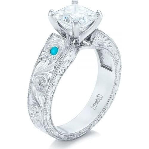 Exquisite Princess cut 0.8ct White Sapphire Diamond Ring Turquoise Ring Women Gemstone Rings Bride Engagement Wedding Jewelry