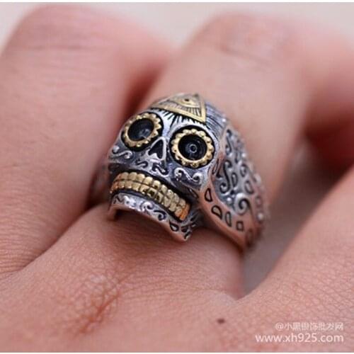 Punk Skull Ring 925 Sterling Silver For Men Women Vintage Gothic Opening Type God Eye Carving Fine Jewelry