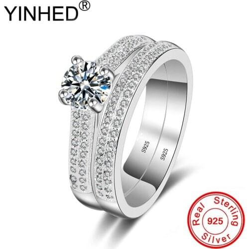 YINHED Fine Jewelry Engagement Rings Set Authentic 925 Sterling Silver AAA+ Cubic Zirconia Wedding Rings for Women ZR512