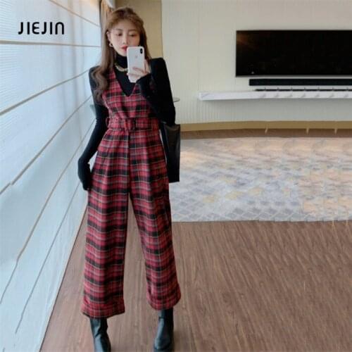 Vintage Plaid Jumpsuits Women Wide Leg Pants Sleeveless Casual Loose Trousers Playsuits korean woman fashion young casual Romper