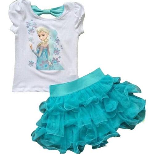 Brand Baby Kid Clothes Princess Anna Elsa Girls Princess Elsa Dress + T Shirt 2 Pcs Set 3-8Age Sky Blue Layered Tutu Dress Sets