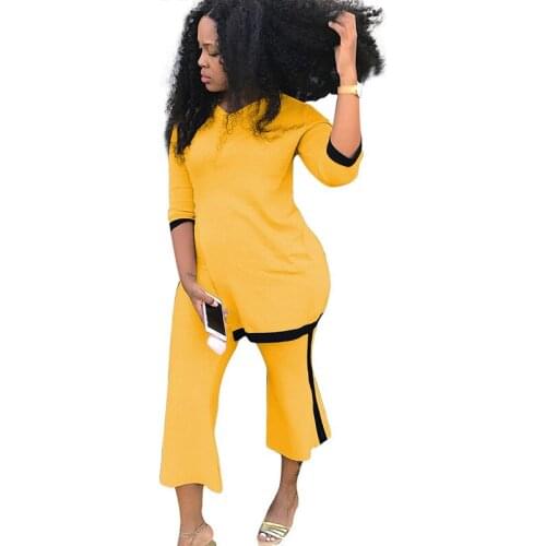 Two Piece Sets Women Leisure Casual Outfits Side Slit Sweatshirt Tops and Calf-length Pants Suit Matching Set Conjunto Feminino