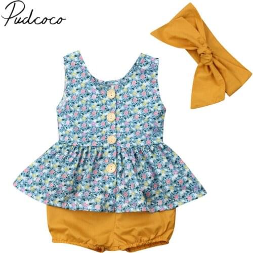 2019 Children Summer Clothing Toddler Kids Baby Girls Clothes Sleeveless Floral Tops PP Shorts Headband 3PCS Outfits Set 0-24M