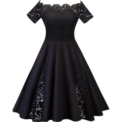 Plus Size Contrast Lace Vintage Dress Women Off Shoulder Party Robe Femme Elegant Big Size Sexy Dresses Knee Length Dress