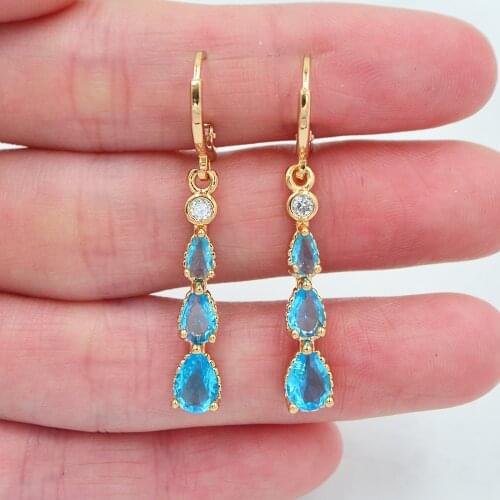Fashion Gold Color Aqua Blue Cubic Zirconia Teardrop Dangle Earrings for Women