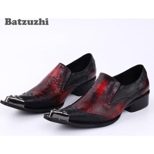 2018 Handmade Men Dress Shoes Pointed Toe Sliver Metal Toe Leather Red Evening Party Sexy Wedding Shoes Men Hairdress