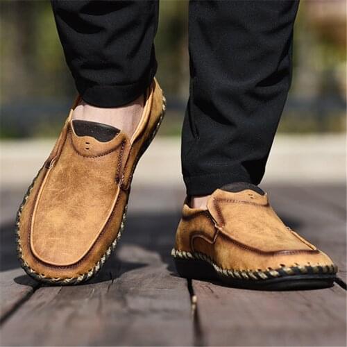 Spring New Fashion Mens Handmade Sewing Soft Leather Shoes Outdoor Waterproof Breathable Casual Male Driving Slip-On Footwear