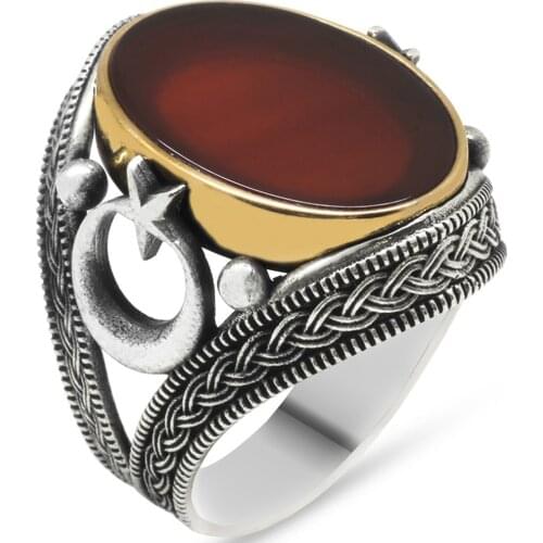 Solid 925 Sterling Silver Flat Agate Knitting Design Crescent Star Mens Ring