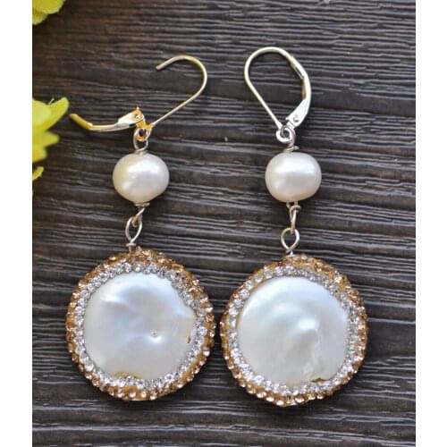P7371 Golden CZ Inlay 20mm White Coin Pearl Dangle Earring 925SS