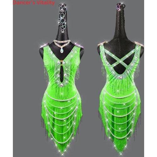 Latin Dance Dress Full Diamond Long Skirt Performance Competition Clothing High-End Custom Woman And Children Stage Dancewear