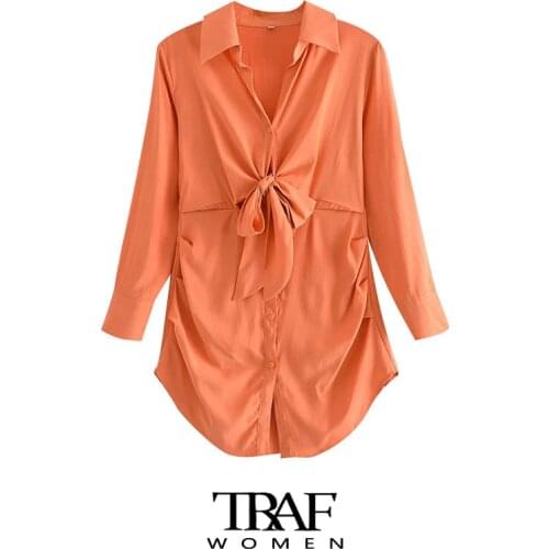 TRAF Za Women Chic Fashion With Knotted Pleated Mini Dress Vintage Long Sleeve Button-up Female Dresses Vestidos Mujer
