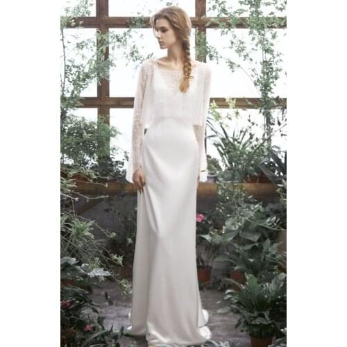 Full V-neck Bride Dresses Soft Satin Wedding Dresses Beading Shawl Vestido de novia Boho Elegant Beach Wedding Gown