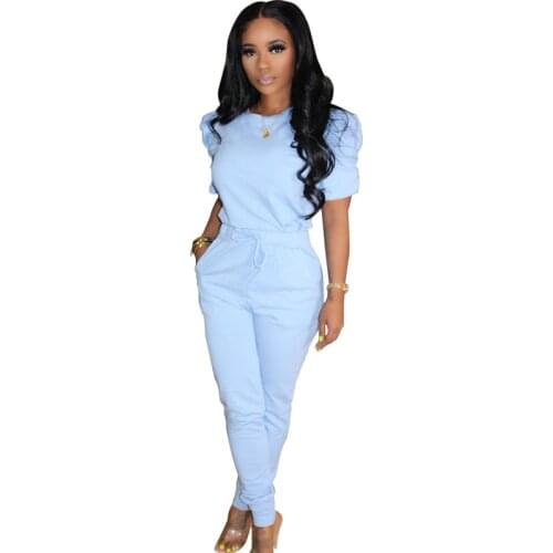 Casual Candy Color Leisure Wear Fashion Puff Sleeve O-neck T-shirts Drawstring Long Pants Women Soft Outfits Lounge Set 2020