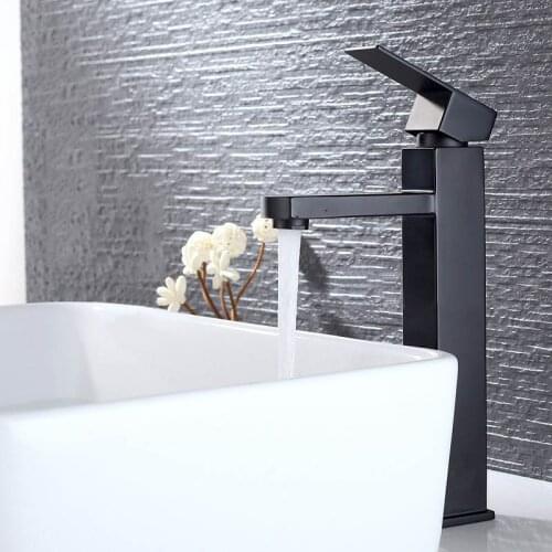Stainless Steel Basin Faucet Square Paint Black Wash Basin Faucet Single Handle Cold Hot Mixer Water Tap Deck Mounted Sink Tap