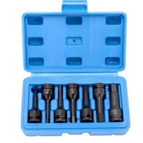 3/8" Square Drive Impact Socket Hex Bits 7pcs Set 60mm Long Cr-Mo Metric Air Allen Driver Socket H4 H5 H6 H7 H8 H10 H12