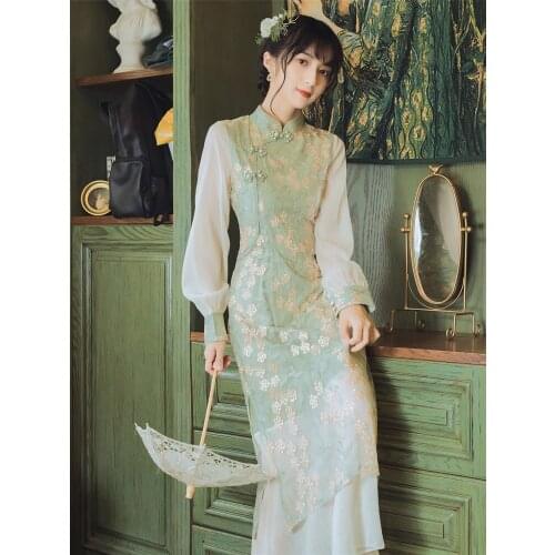 Improved Cheongsam Women Spring 2021 Retro Chiffon Lace Stitching Elegant Temperament Cheongsam Floral Fairy Long Skirt Vestidos