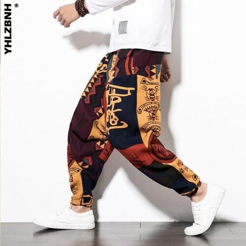 YHLZBNH Vintage Men Baggy Cotton Men Harem Pants with Pocket Men Hip-hop Harem Pants Wide Leg Trousers Casual Aladdin Pants