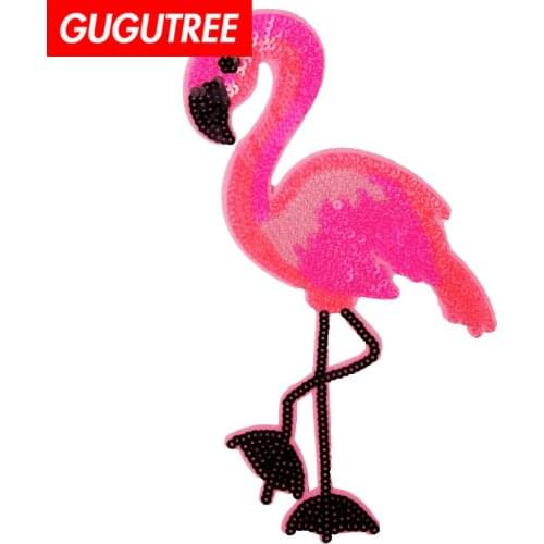GUGUTREE embroidery Sequins big flamingo patch cartoon patches badges applique patches for clothing JW-144