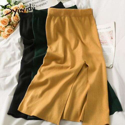 Syiwidii Korean Slit Knit Long Skirts Womens Autumn 2021 New High Waist Casual Sexy Streetwear Female Fashion Black Midi Skirt