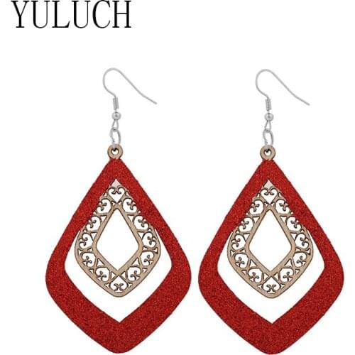 YULUCH Water drop hollow pendant earrings for women Glitter wood jewelry girls sequins art accessories gifts