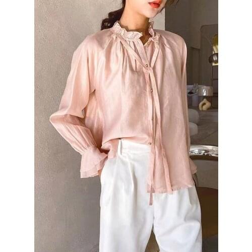 Long Flare Sleeves Women Blouses 2021 Runway Single Breasted Blouse Shirt Casual Tops Elegant Work Wear Shirts