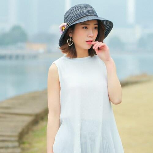 Striped Dome Flower Sun Hat Anti-UV Caps Outdoors Straw Hats Summer Girls Sunscreen Korean Foldable Fresh Blue Women Casual