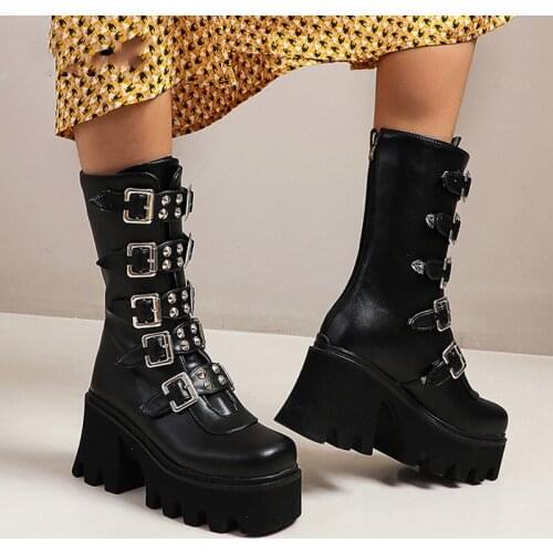 Hot winter Punk Gothic Mid-Calf Boots Women Fashion black platform Woman Leather Shoes Winter PU Large Size Military boots