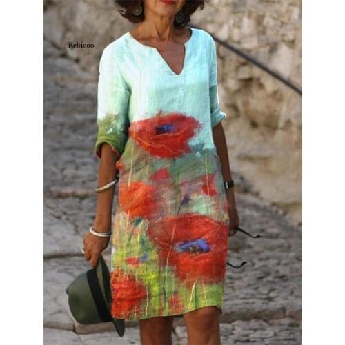 Women Flower Dresses Fashion Plus Size Casual Printed Medium Length Long-Sleeved V-Neck Dress Dresses